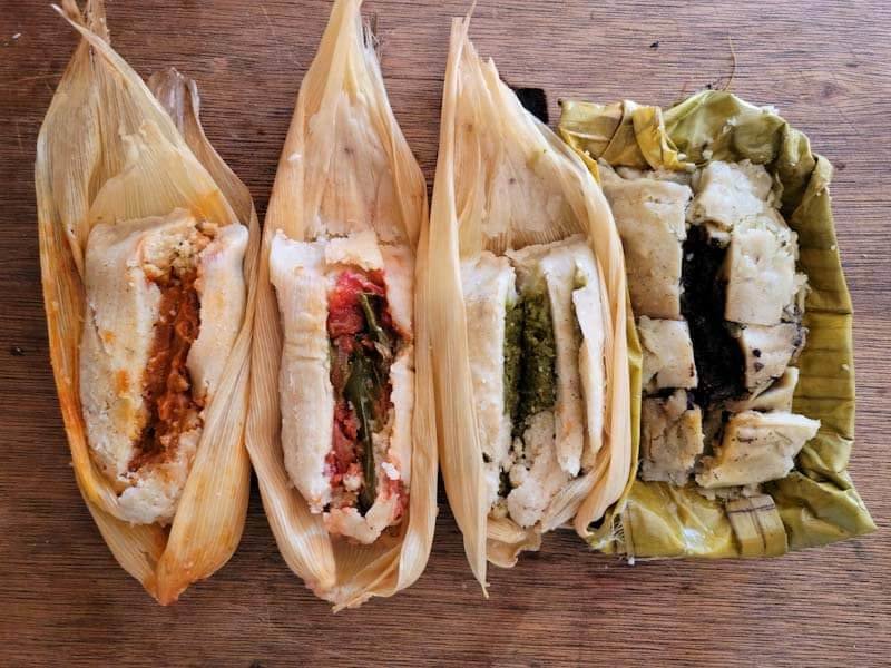 Mexican Tamales with different types of mole sauces