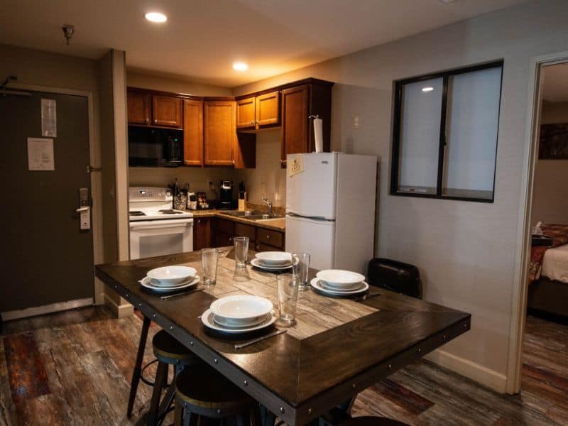 hotel dining room and kitchen