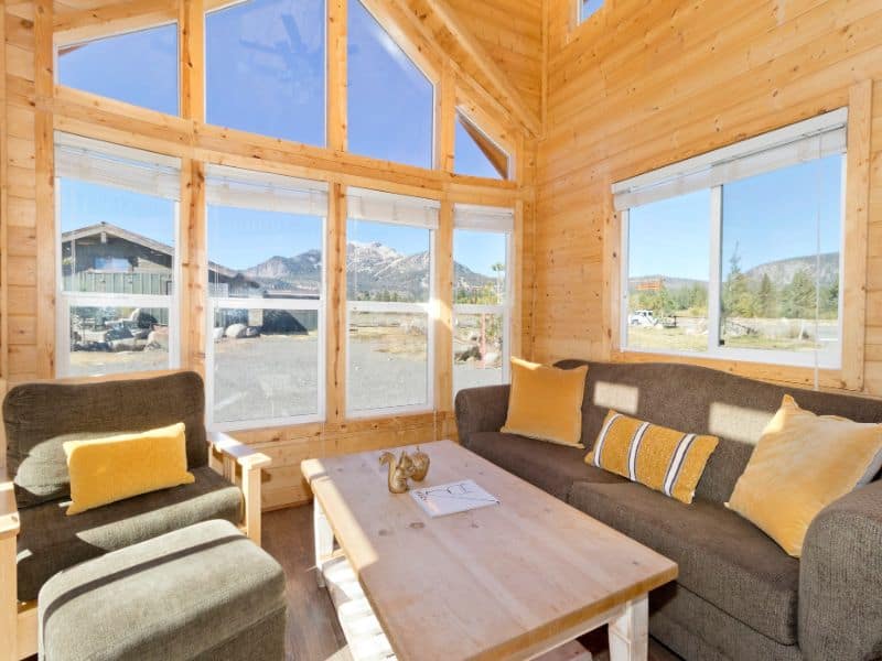 cabin with large picture windows