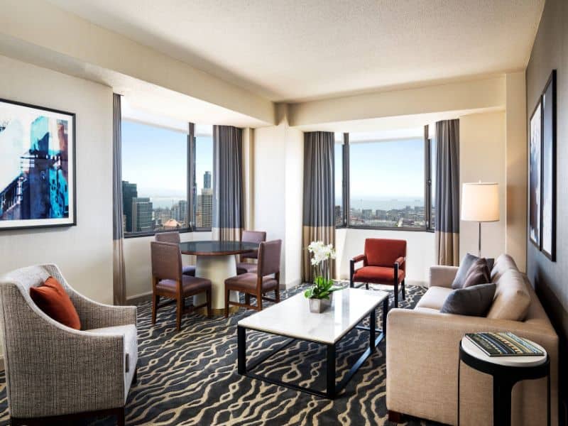 hotel living room with large picture windows