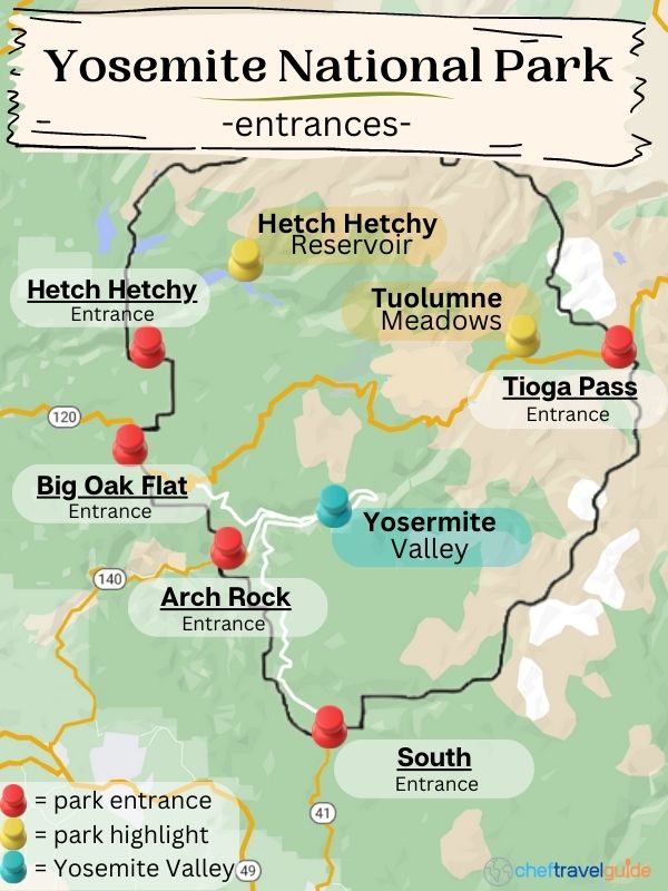 map of yosemite national park entrances